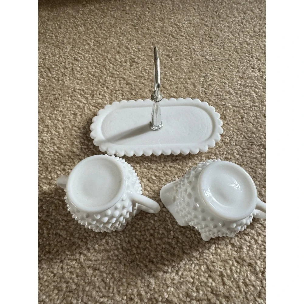 Fenton Hobnail Milk Glass Sugar Bowl and Creamer Set With Tray Vintage